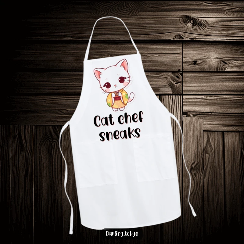 Funny apron with a cute cat in a colorful kimono, peeking from behind a paper fan, perfect for cooks.