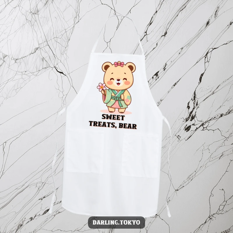 Funny bear in a colorful kimono offering a delicate flower, a humorous kitchen apron.