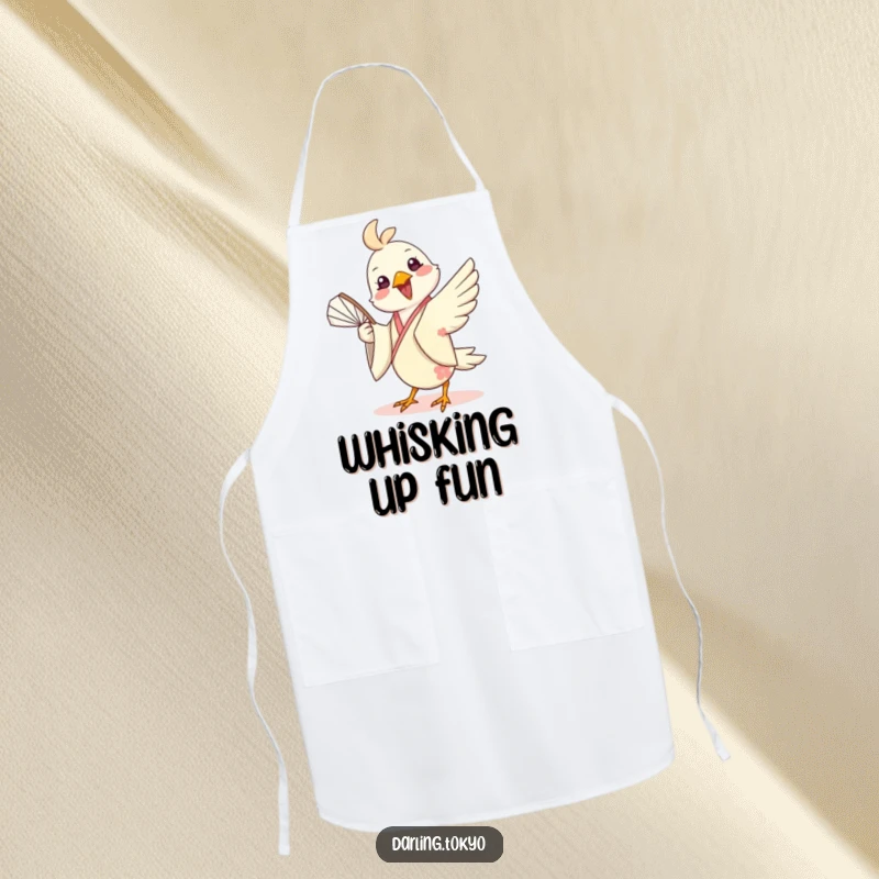 Funny apron featuring a cheerful bird in a silk kimono playfully twirling a fan, perfect for adding joy and humor to kitchen tasks.