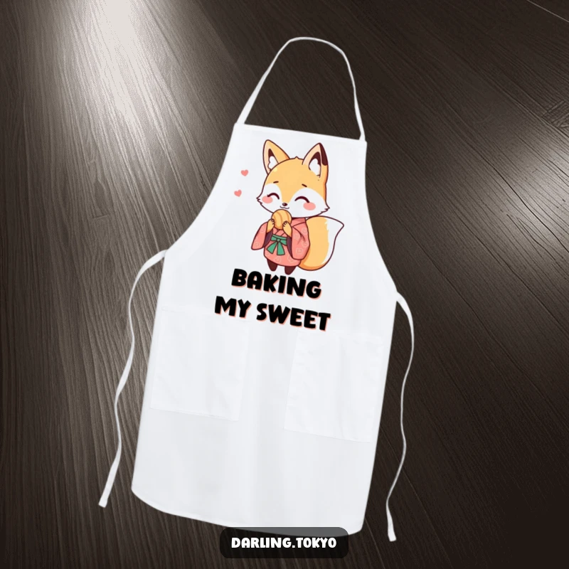 Funny apron featuring a cute fox in a patterned kimono, sharing a sweet treat, perfect for adding humor and charm to kitchen tasks.