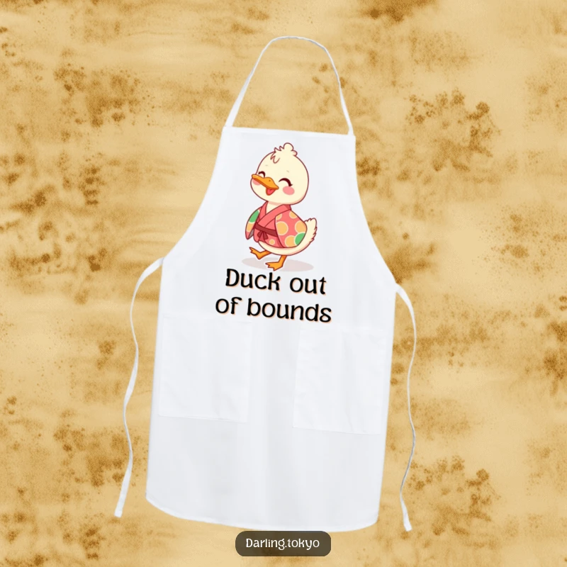 Funny apron with a playful duck character in a vibrant kimono, waddling cheerfully, perfect for the kitchen.