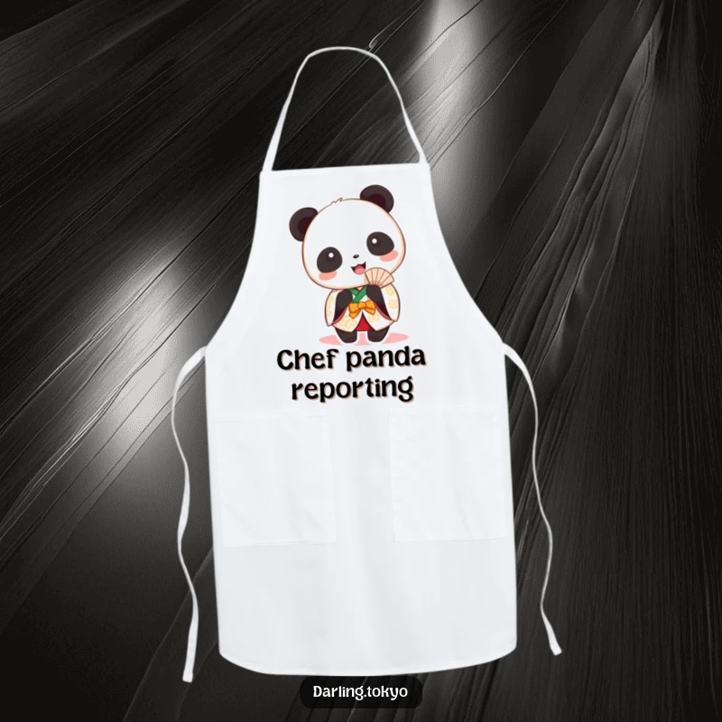 Funny panda in a festive kimono holding a fan, a humorous kitchen apron.