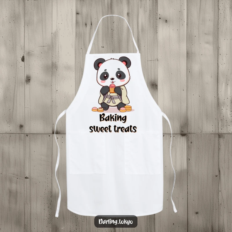 Funny panda wearing a kimono attempts to balance a stack of sweets on this functional and humorous kitchen apron.
