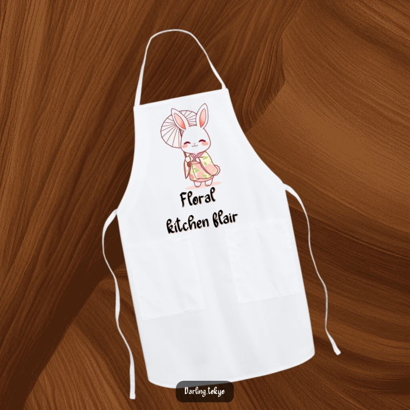 Funny apron featuring a cheerful rabbit character in a floral kimono, holding a delicate parasol while preparing a meal.