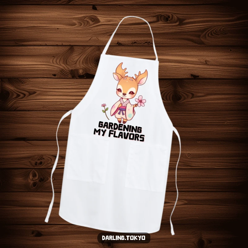 Funny apron featuring a small deer in a pastel kimono offering a delicate flower, perfect for adding elegance and humor to kitchen tasks.