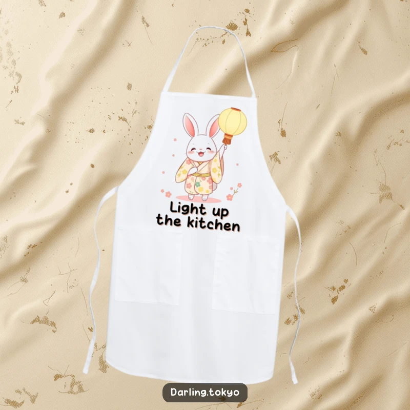 Funny rabbit kimono apron with a character joyfully holding a paper lantern, perfect for kitchen charm and adding festive cheer to cooking.