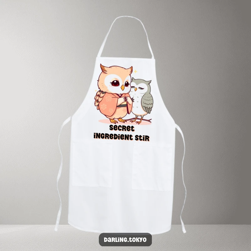 Two funny owls in kimonos share a secret, adding a touch of humor and charm to this kitchen apron.