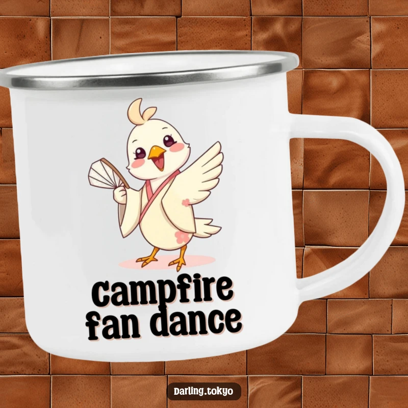 Funny camping mug featuring a cheerful bird in a silk kimono playfully twirling a fan, perfect for enjoying beverages outdoors with a smile.