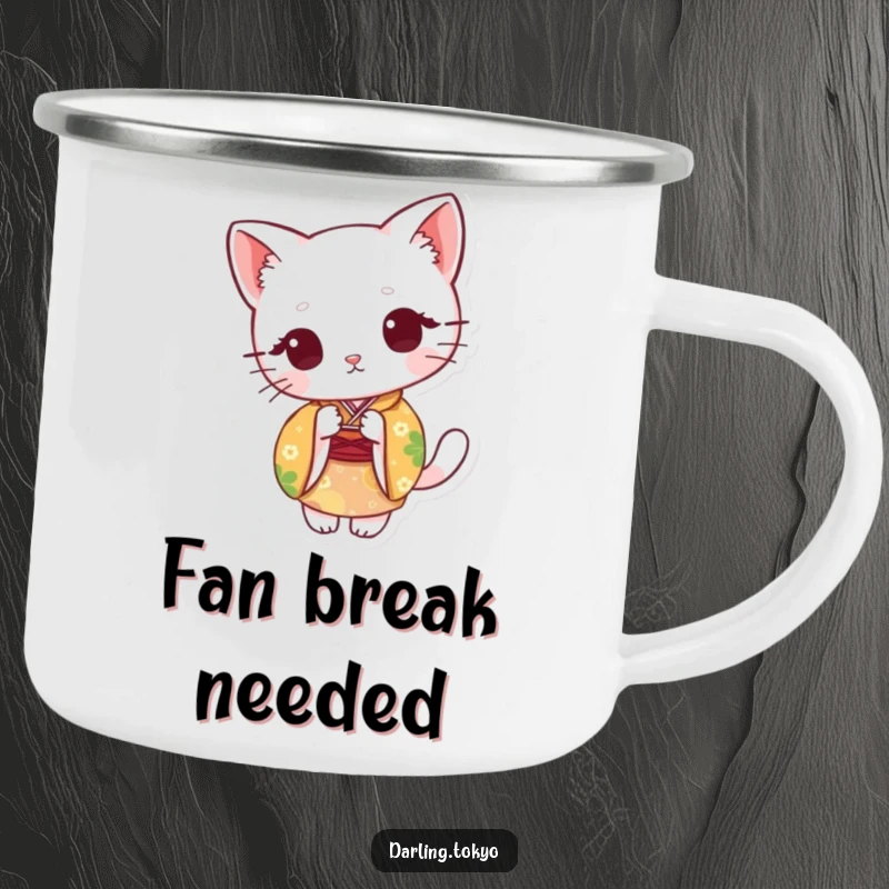 Funny camping mug with a cute cat in a colorful kimono, peeking from behind a paper fan, for outdoor use.