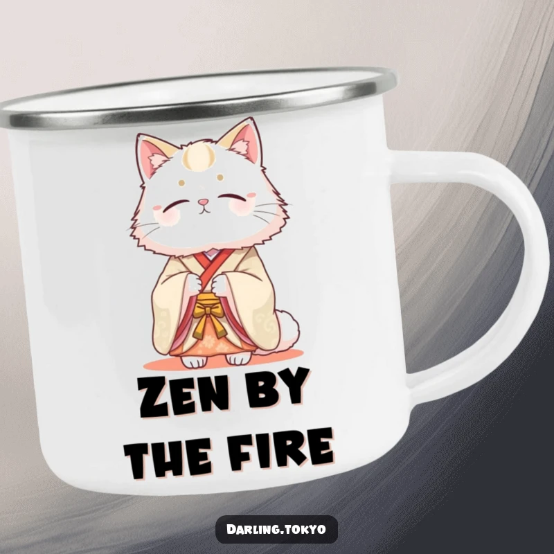 Funny camping mug featuring a fluffy cat in a traditional kimono looking serenely beautiful, perfect for enjoying beverages outdoors with elegance.