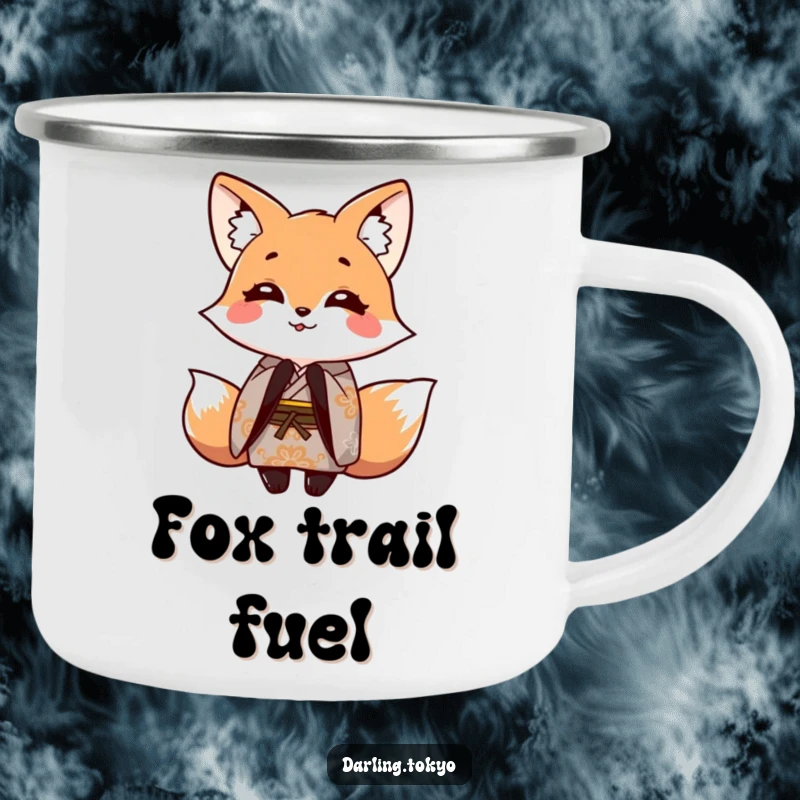 Funny camping mug showing a smiling fox character in a patterned kimono, playfully bowing, designed for outdoor use.