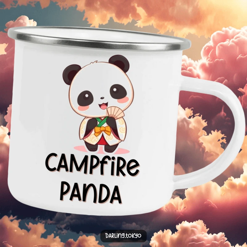 Funny panda in a festive kimono holding a fan on a camping mug.