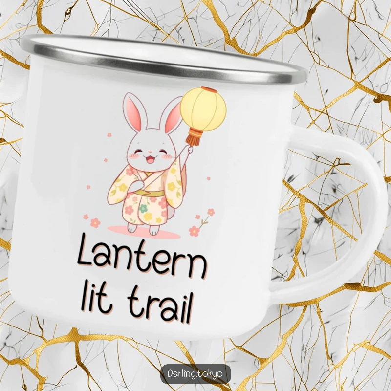 Funny rabbit kimono camping mug with a character joyfully holding a paper lantern, ideal for cozy outdoor drinks and embracing festive adventures.