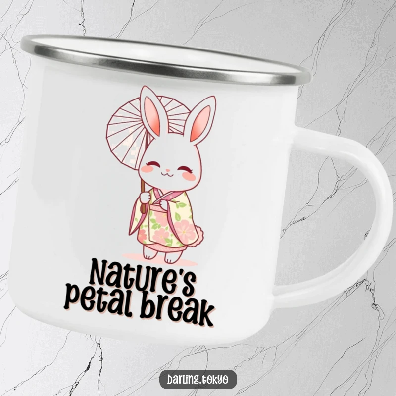 Funny camping mug showcasing a cheerful rabbit character in a floral kimono, holding a delicate parasol during an outdoor scene.