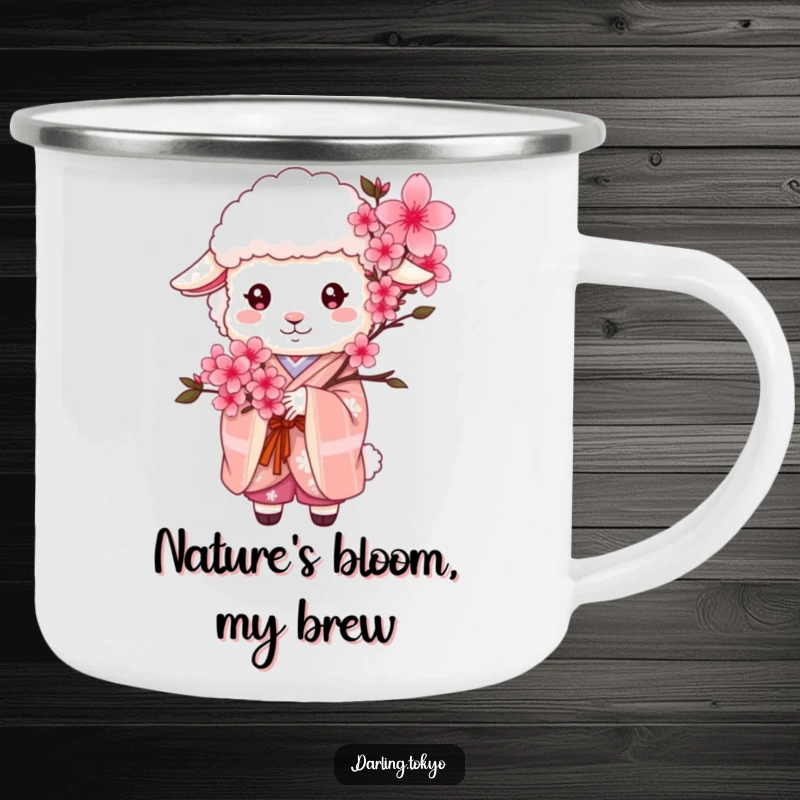 Funny sheep in a kimono holds cherry blossoms, ready for adventure on this rugged and funny camping mug.
