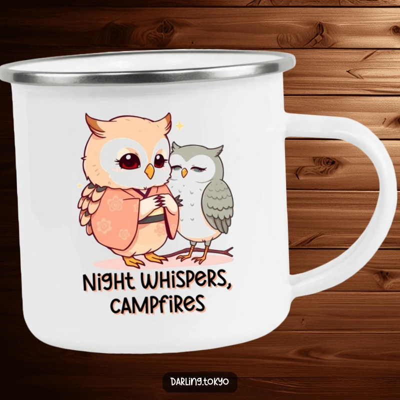Funny owls in kimonos whisper secrets, perfect for sharing tales around a campfire on this rugged mug.