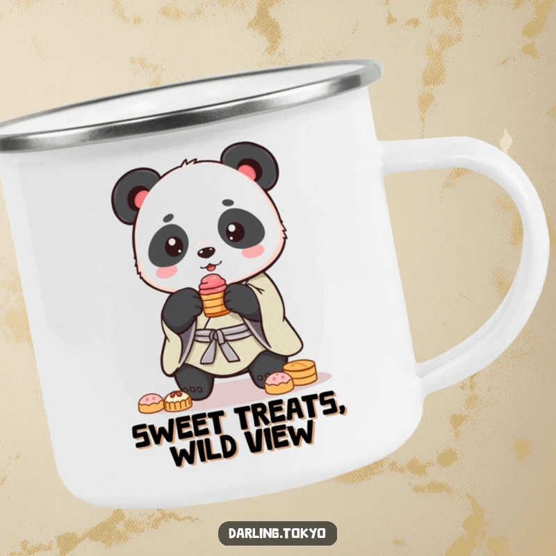 Funny panda in a kimono balances sweets, perfect for enjoying treats outdoors on this durable camping mug.