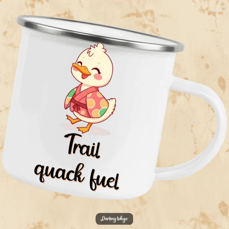 Funny camping mug with a playful duck character in a vibrant kimono, waddling cheerfully, for outdoor use.