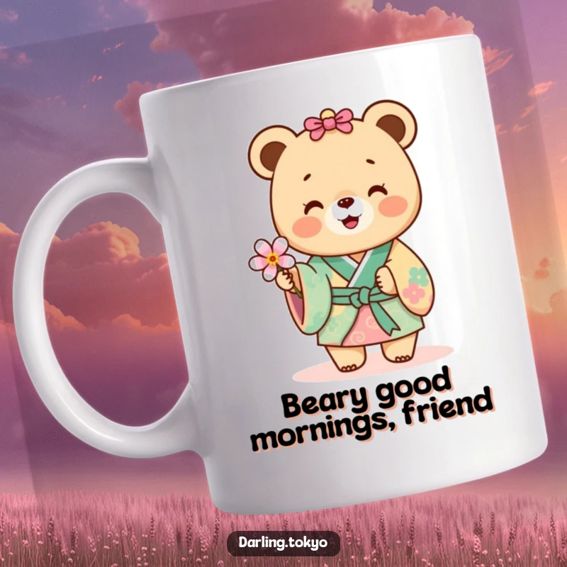Funny tiny bear in a colorful kimono joyfully offering a delicate flower on a mug.