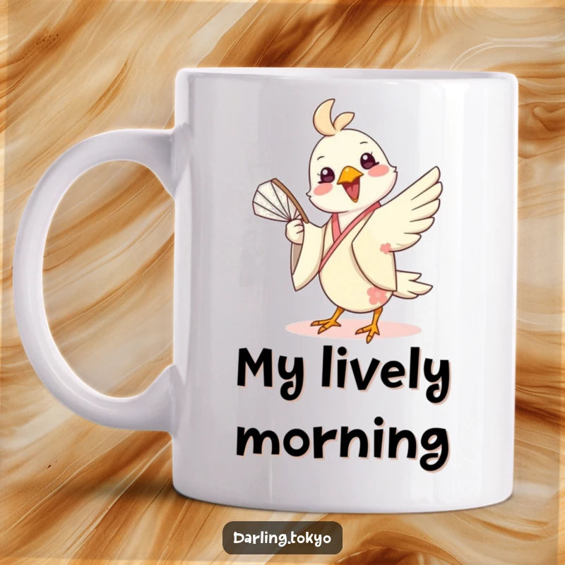 Funny mug featuring a cheerful bird in a silk kimono playfully twirling a fan, embodying joy and energetic playfulness.