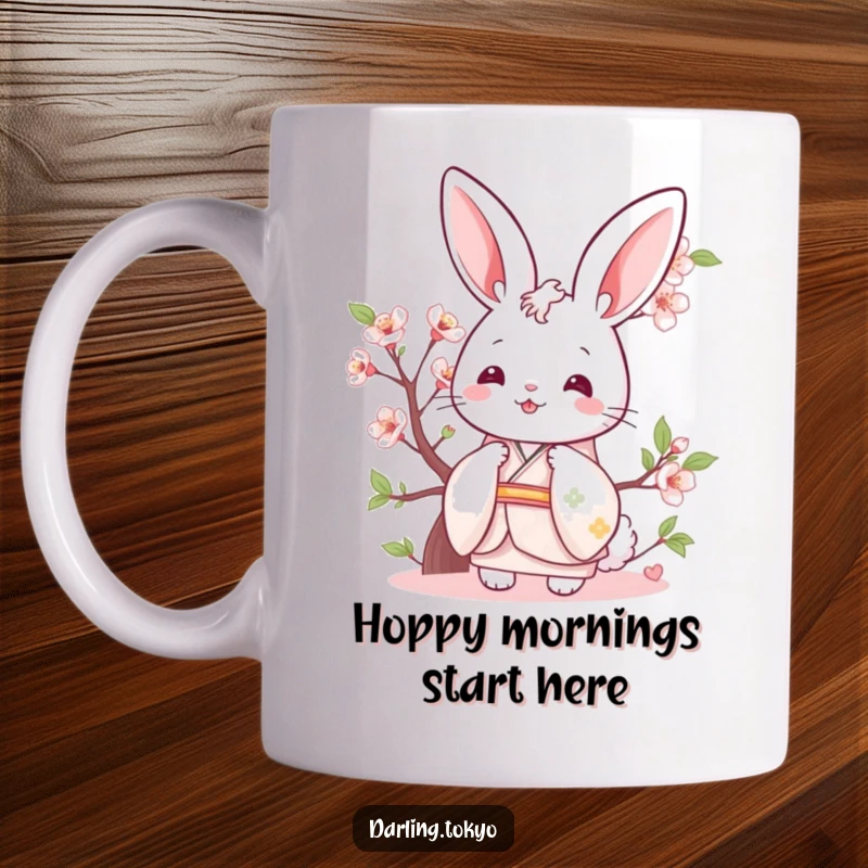 Funny cheerful bunny in a pastel kimono playfully peeking from behind a cherry blossom on a mug.