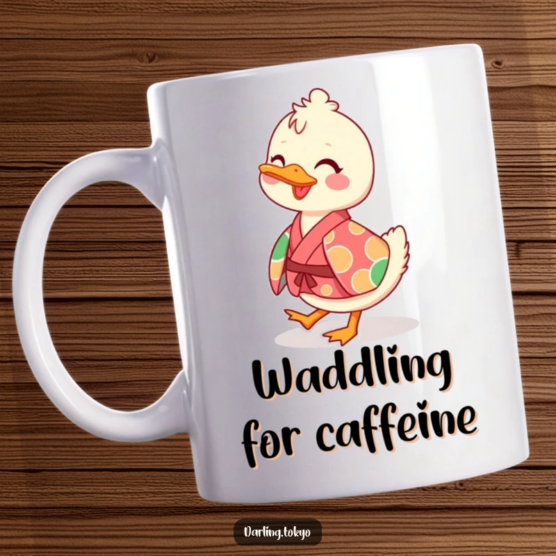 Funny mug featuring a playful duck character in a vibrant kimono, waddling cheerfully with a happy expression.