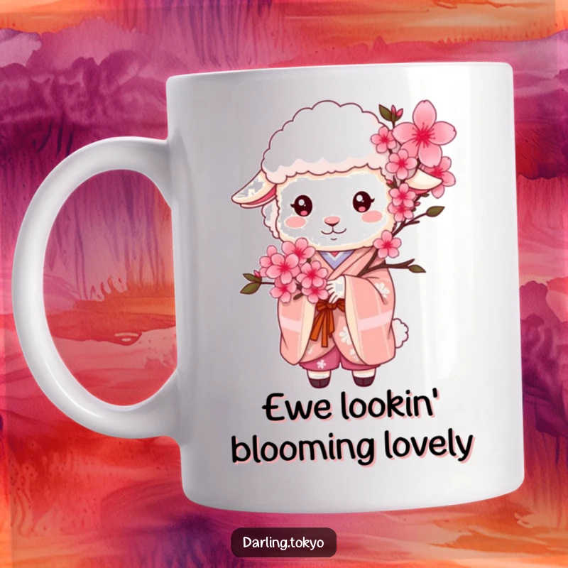 Funny sheep wearing a pink kimono gracefully holds a vibrant bouquet of cherry blossoms, looking serene on this mug.