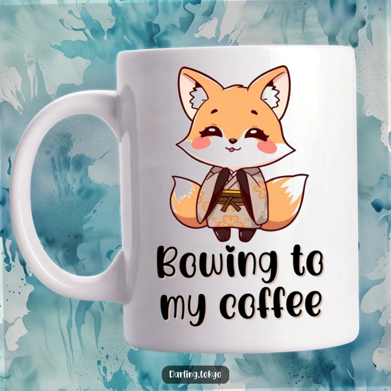 Funny mug featuring a smiling fox character in a patterned kimono, playfully bowing with a cheerful expression.