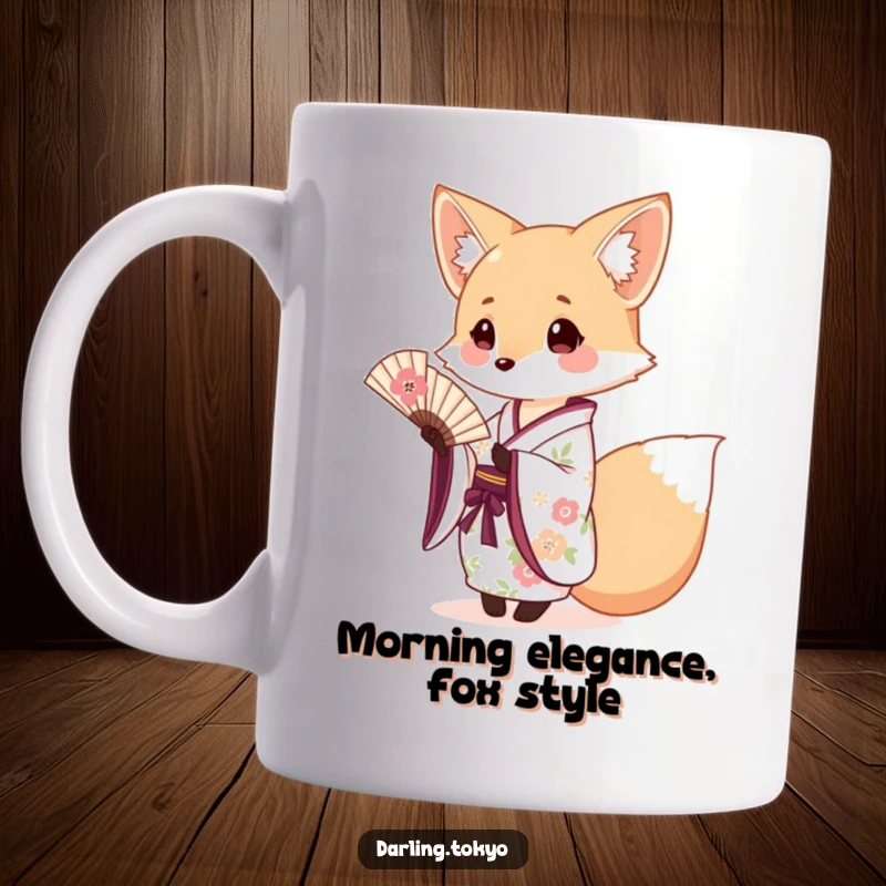 Funny fox in a floral kimono gracefully offering a tiny fan, exuding charm and humor on a delightful mug.