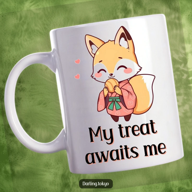 Funny mug featuring a cute fox character in a patterned kimono, happily sharing a sweet treat, embodying joy and deliciousness.