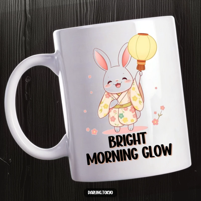 Funny rabbit mug in a floral kimono, joyfully holding up a glowing paper lantern, radiating happiness and festive charm.