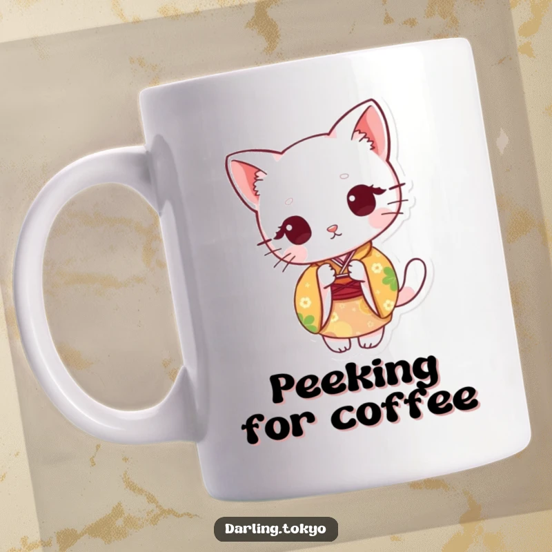 Funny mug with a cute cat in a colorful kimono, playfully peeking from behind a traditional paper fan.