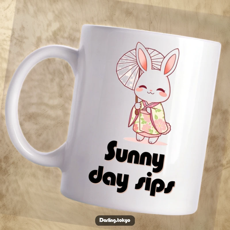 Funny mug featuring a cheerful rabbit character dressed in a floral kimono, holding a delicate parasol with a gentle smile.
