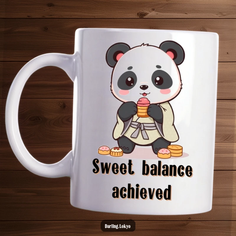 Funny cute panda in a kimono struggles to balance a stack of colorful sweets on this humorous mug.