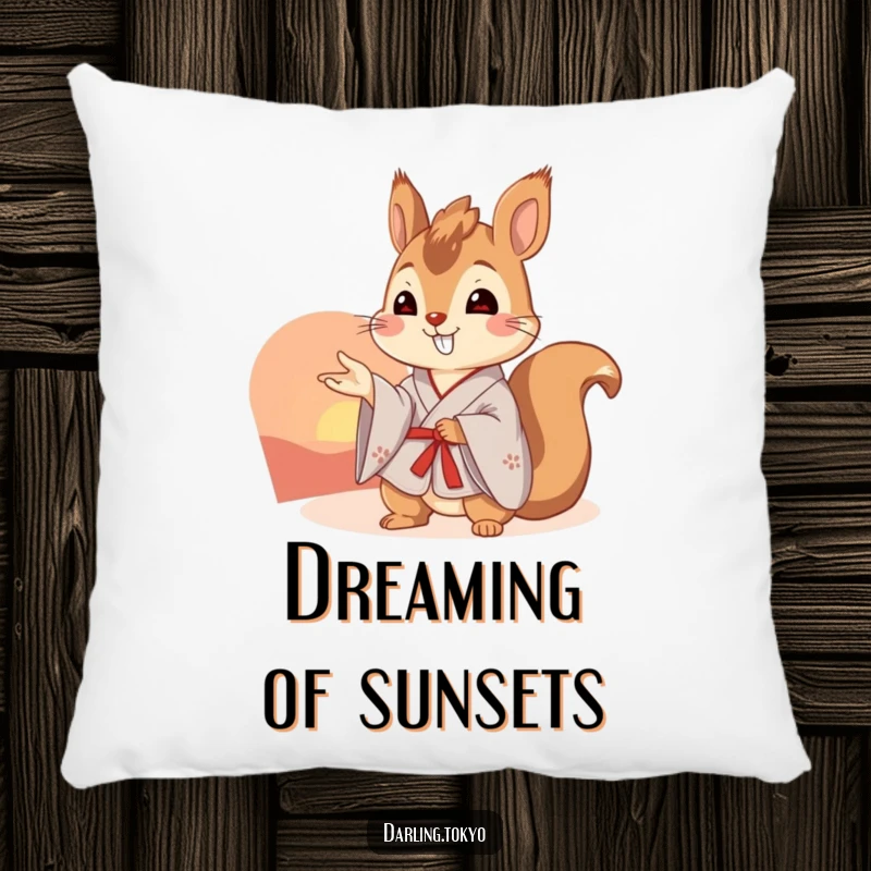 Funny squirrel in a kimono gazes at a beautiful sunset, offering comfort and charm on this decorative pillow.