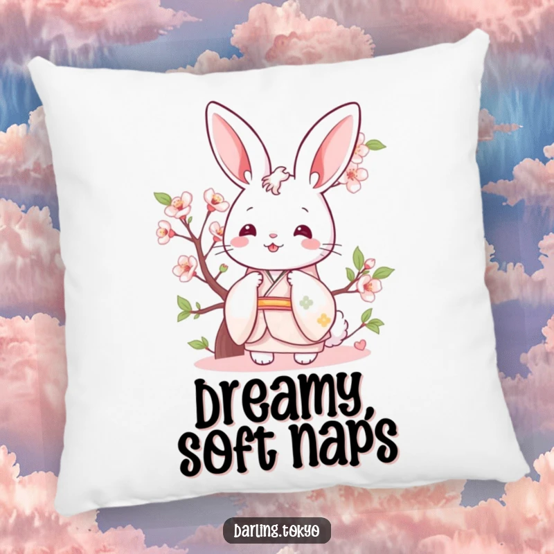 Funny bunny in a pastel kimono peeking from behind a cherry blossom on a soft pillow.