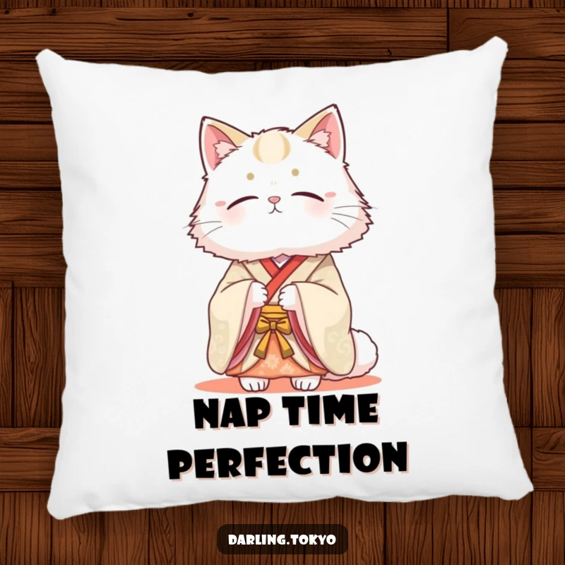 Funny pillow with a fluffy cat in a traditional kimono looking serenely beautiful, providing comfort and a touch of elegant, humorous charm.