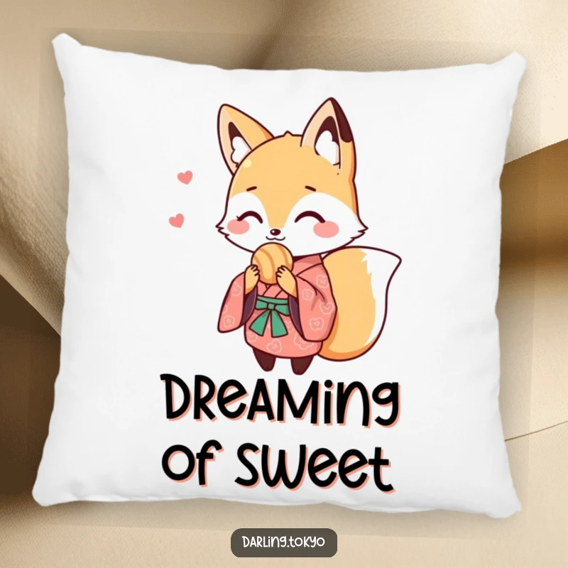 Funny pillow with a cute fox in a patterned kimono sharing a sweet treat, providing comfort and a touch of whimsical, sweet humor.