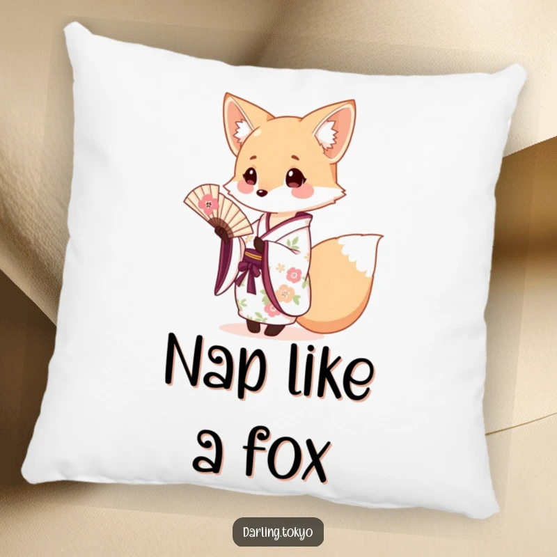 Funny fox lounging in a floral kimono, holding out a tiny fan on a plush pillow.