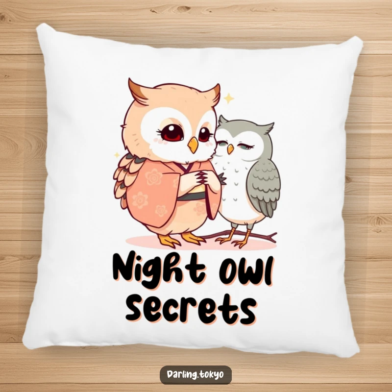 Funny owls in kimonos share a whispered secret, offering plush comfort on this decorative and humorous pillow.