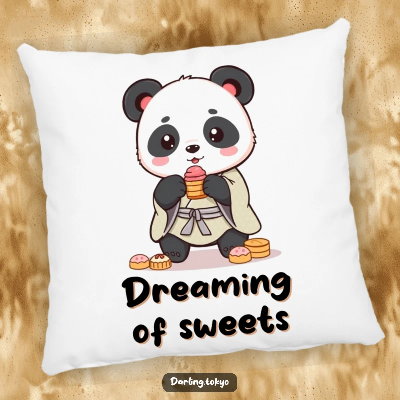 Funny panda in a kimono wobbles with a stack of sweets, offering plush comfort on this decorative pillow.