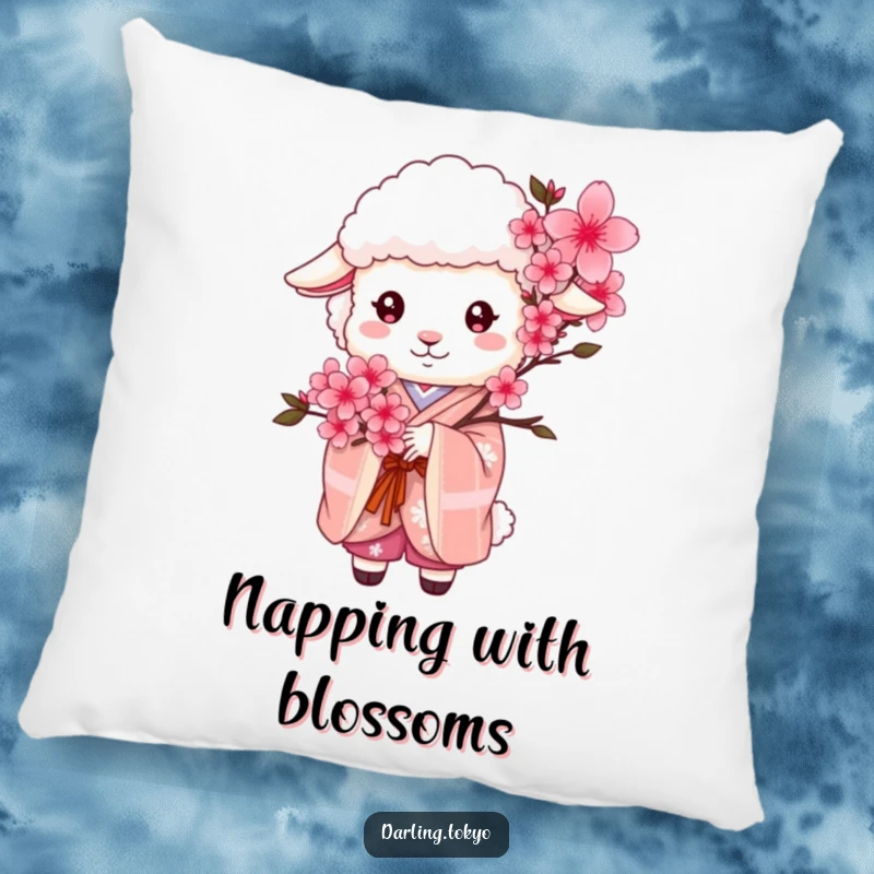 Funny sheep in a kimono holds a sweet cherry blossom bouquet, offering plush comfort on this decorative pillow.