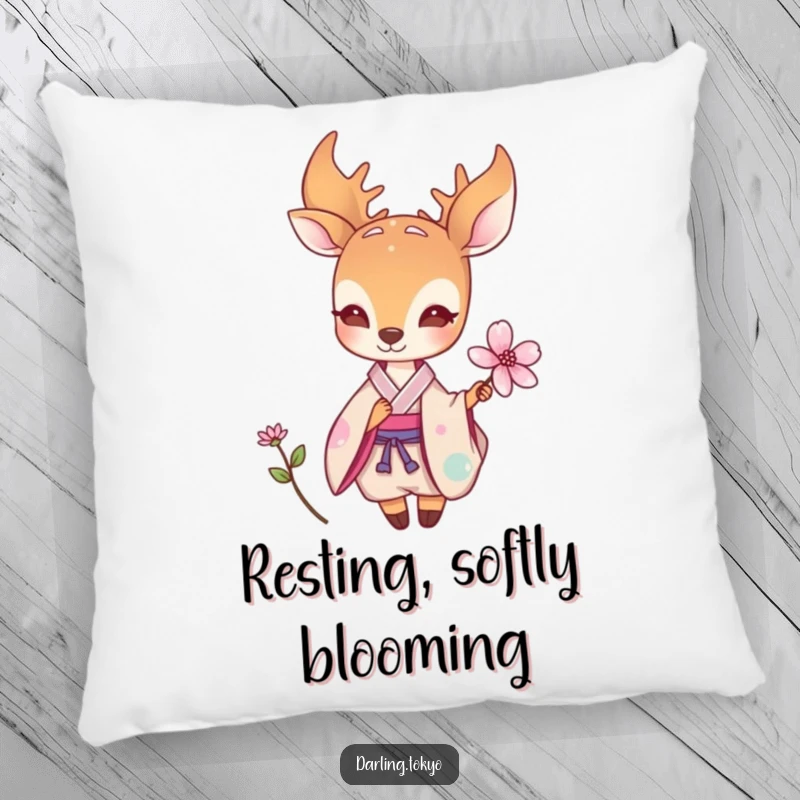 Funny pillow with a small deer in a pastel kimono offering a delicate flower, providing comfort and a touch of peaceful, humorous charm.