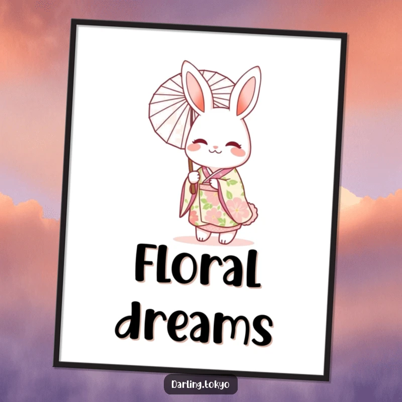 Funny digital art print of a cheerful rabbit character in a floral kimono, holding a delicate parasol with artistic beauty.