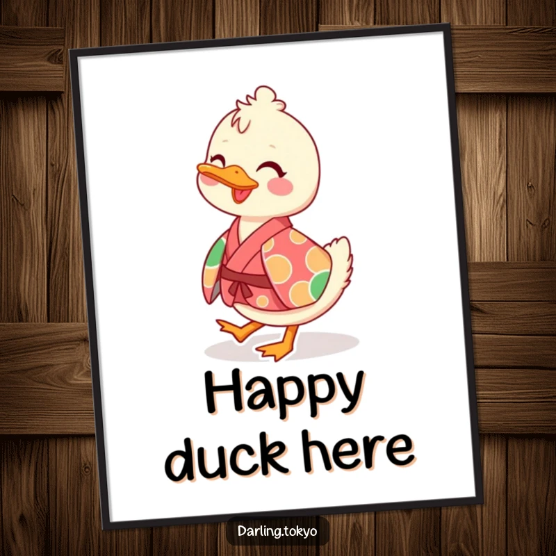 Funny digital art print of a playful duck character in a vibrant kimono, waddling cheerfully, for wall decor.