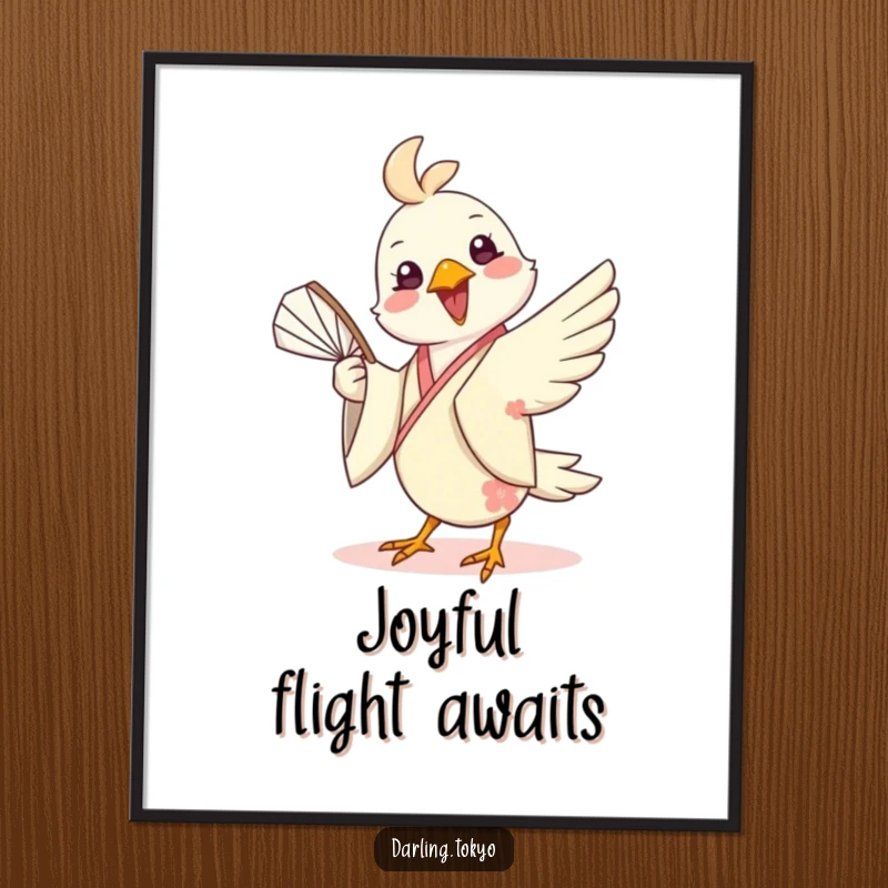 Funny digital art print of a cheerful bird in a silk kimono playfully twirling a fan, adding instant vibrant energy and lighthearted humor.