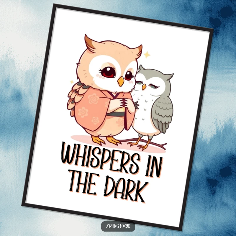 Two funny owls dressed in kimonos lean in to share a secret, available as a printable digital art piece.