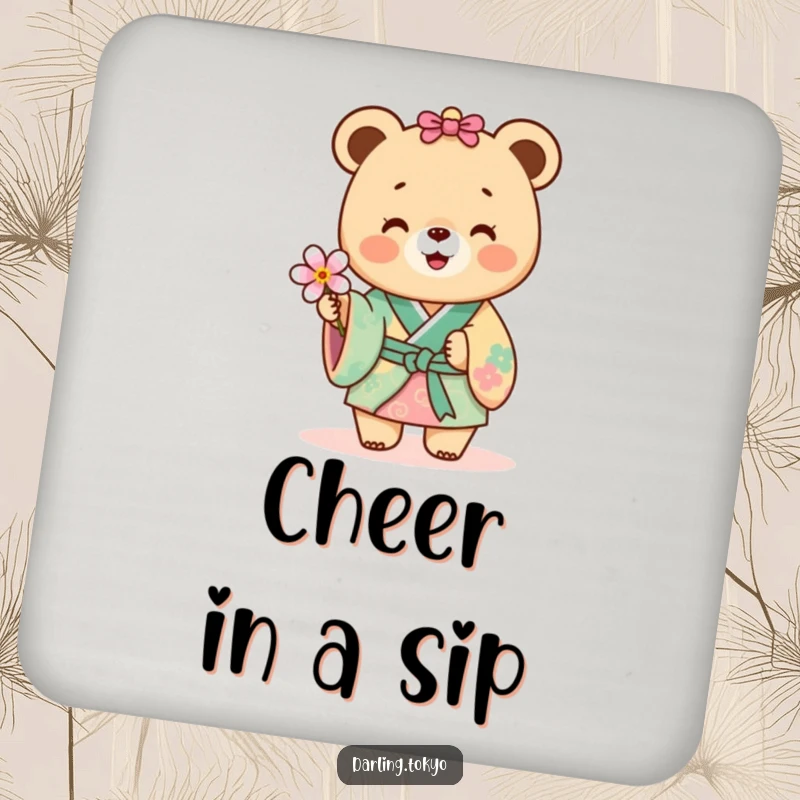 Funny bear in a colorful kimono offering a delicate flower, a humorous drink coaster.