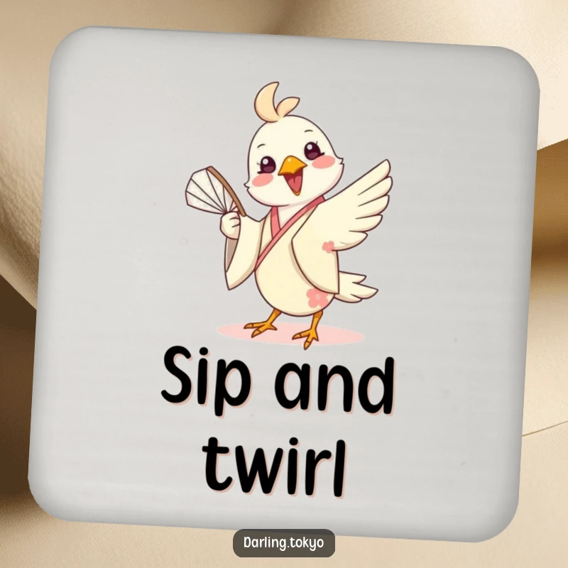 Funny coaster with a cheerful bird in a silk kimono playfully twirling a fan, protecting surfaces with vibrant, humorous flair.
