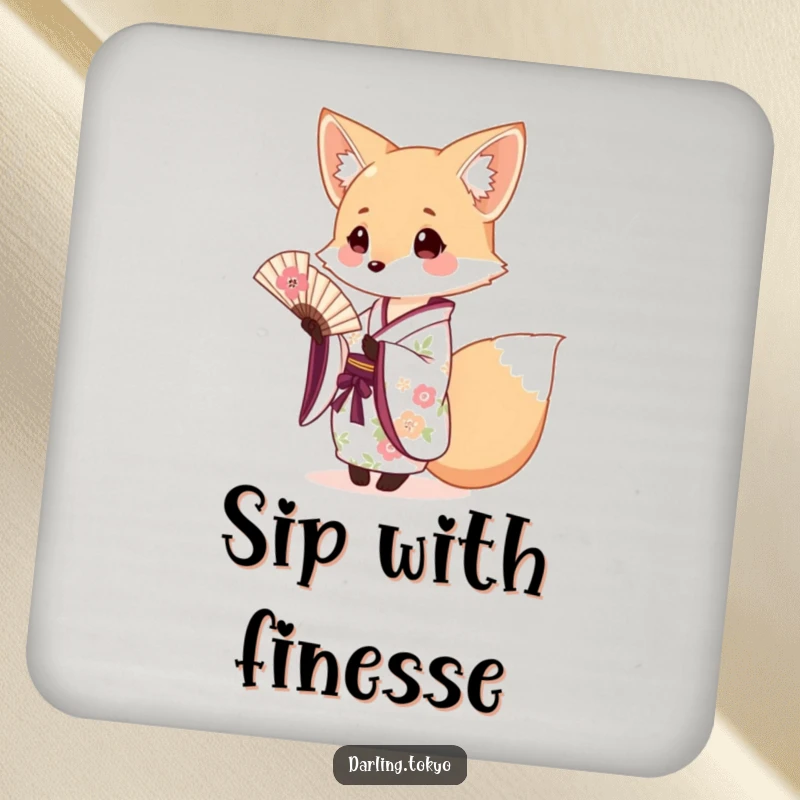 Funny fox in a floral kimono offering a tiny fan, a decorative and humorous drink coaster.